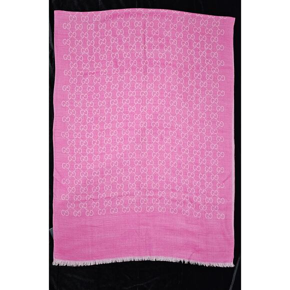 GUCCI Pink Jacquard Logo GG Wool Silk Scarf - Picture 6 of 14